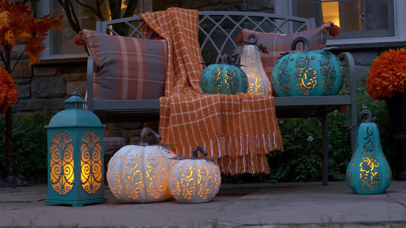Set of 2 Indoor/Outdoor Illuminated Pumpkins and Oversized Lit Gourd by Valerie